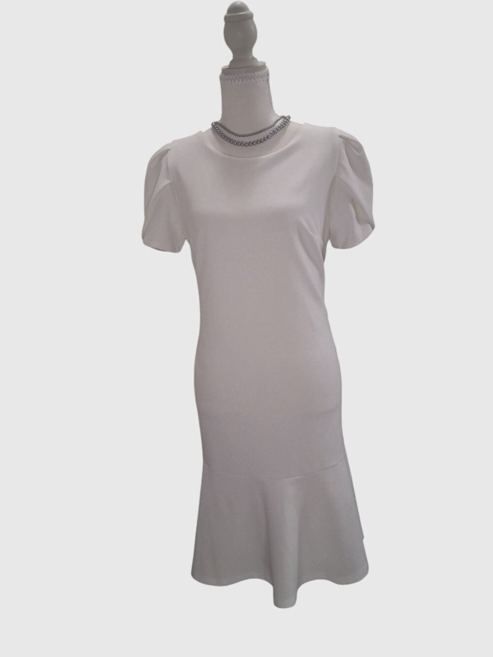 Shelby & Palmer White Puff Short Sleeve Midi Sheath Dress with Mermaid Hem - Siz